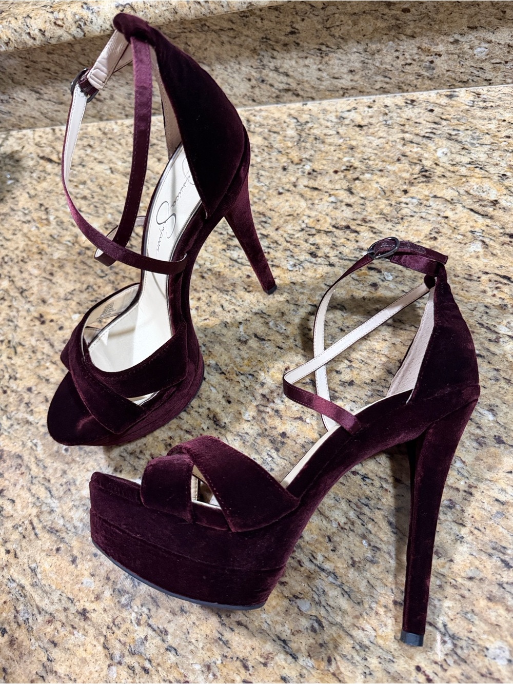 Jessica Simpson Burgundy Velvet Crisscross Ankle-Strap Heels